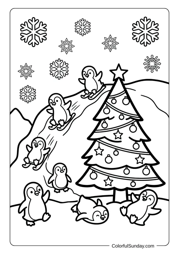 Playful penguins sliding and waddling around a Christmas tree in a snowy arctic setting coloring page