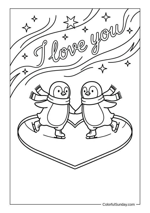 Penguin couple skating on heart shaped ice under aurora lights that write I love you in a coloring page.