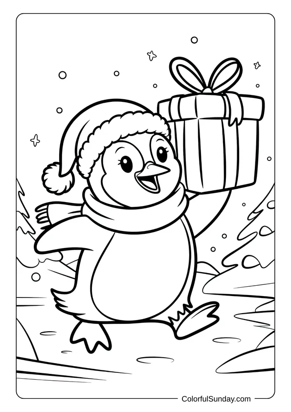 A playful penguin carries a Christmas present through a snowy landscape in this coloring page.
