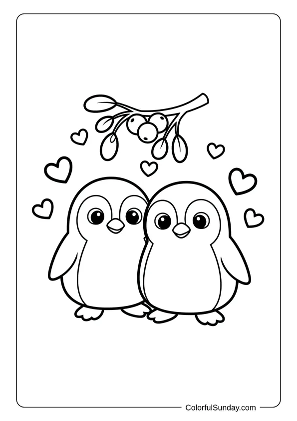 A coloring page of two penguins under mistletoe with hearts.