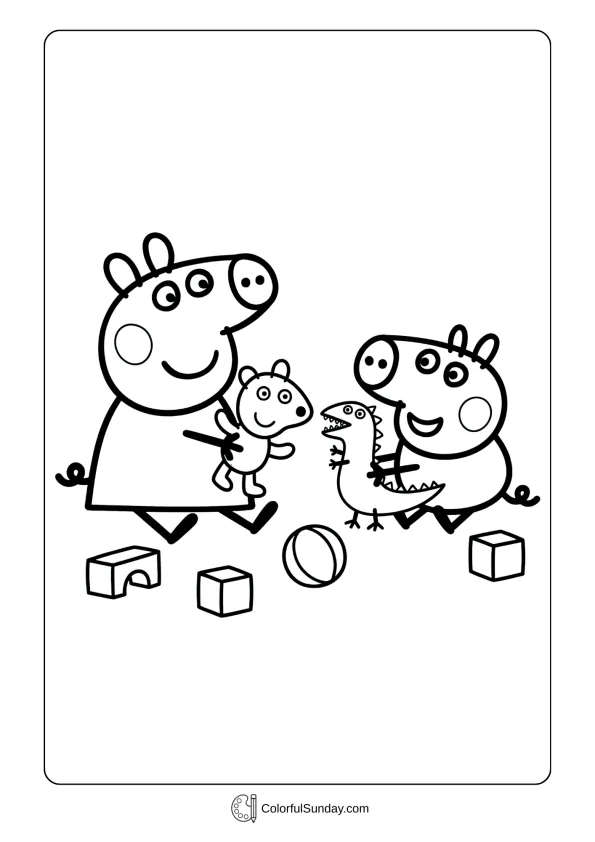 A coloring page of Peppa Pig and George playing with toys together
