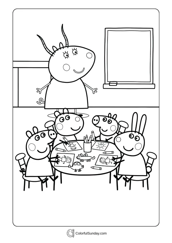 A coloring page of Peppa Pig at playgroup with friends at their desks