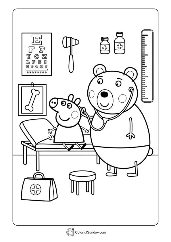 Peppa Pig coloring page showing a doctor visit for a friendly checkup