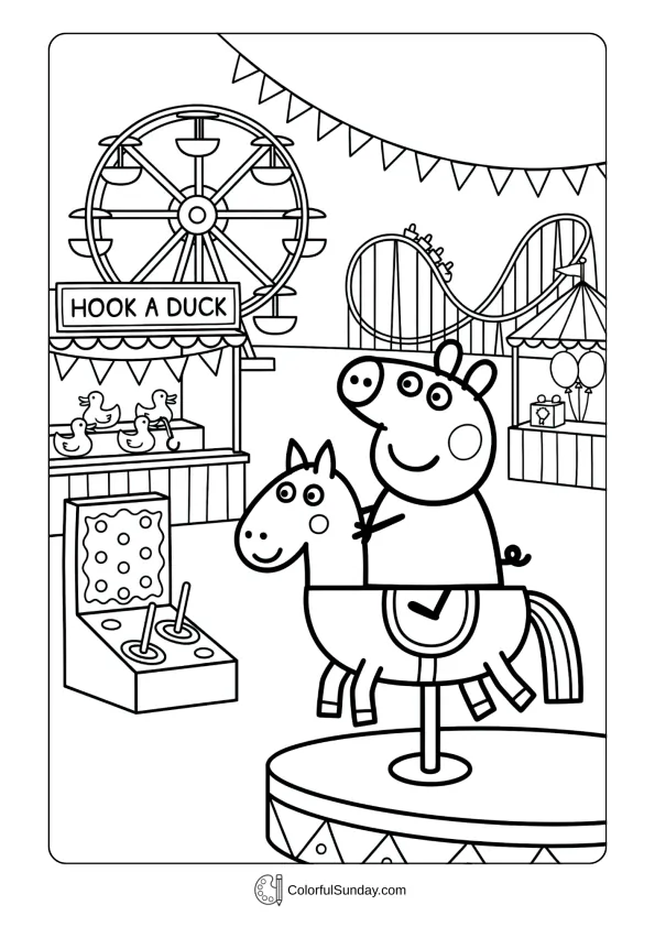 A coloring page of Peppa Pig at the fair with rides and games