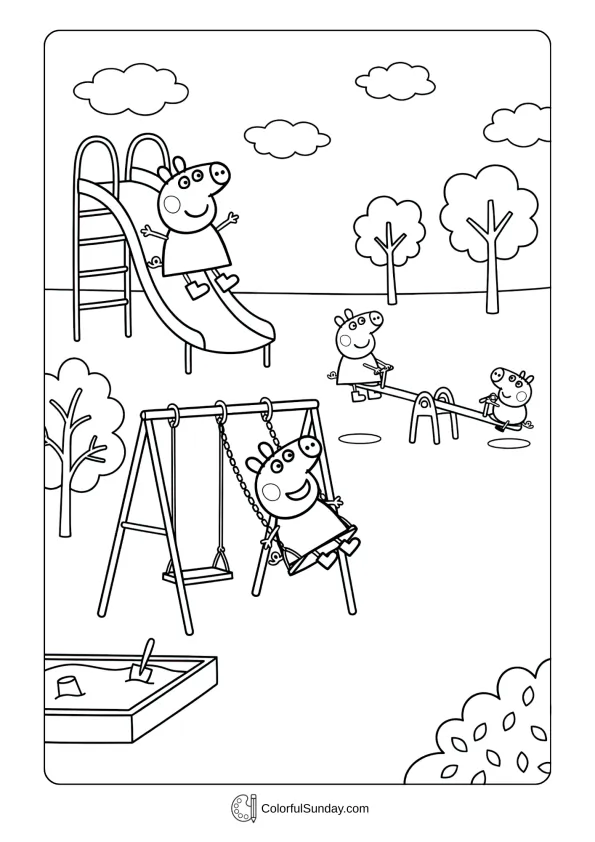 Peppa Pig coloring page showing playground fun with slides and swings