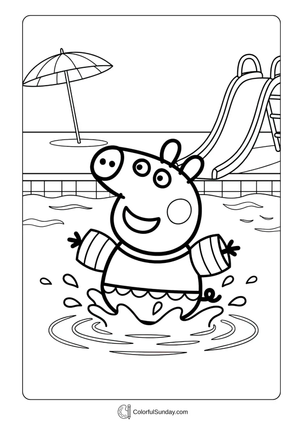 Peppa Pig coloring page featuring swimming pool fun with armbands