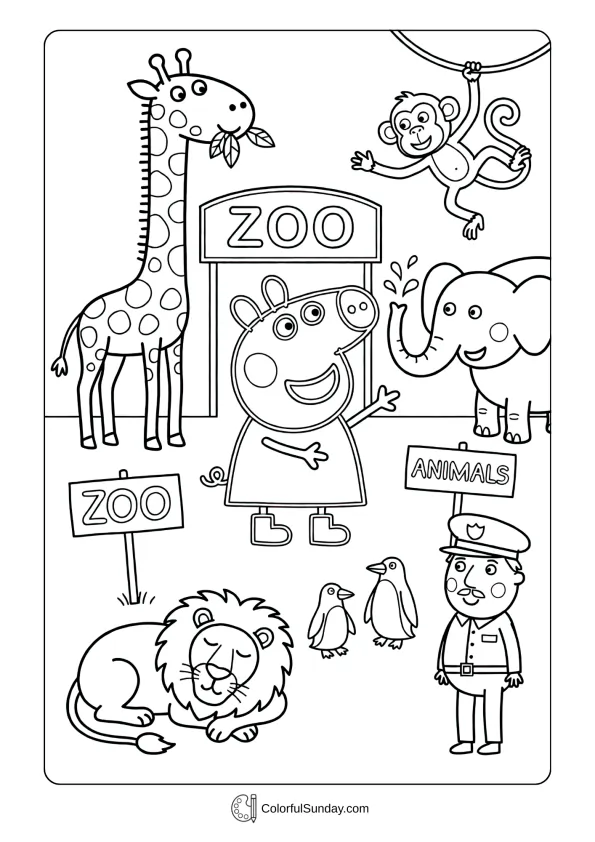 Peppa Pig coloring page showing her visiting animals at the zoo