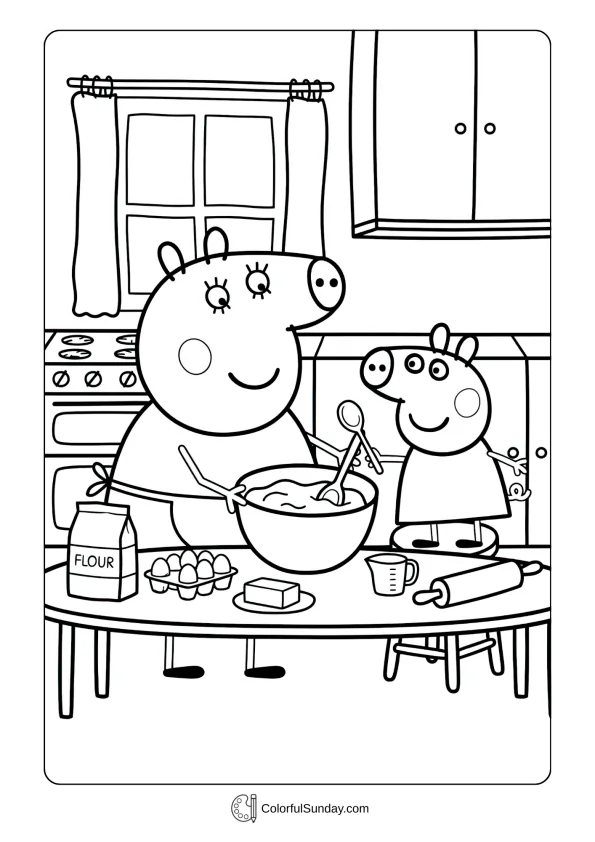 A coloring page of Peppa Pig baking with Mummy Pig in the kitchen