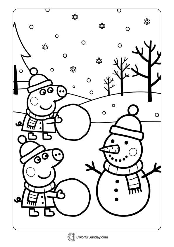 A coloring page of Peppa Pig building a snowman in winter