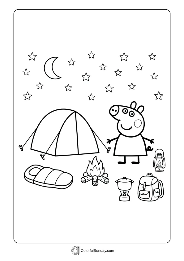 A coloring page of Peppa Pig on a camping adventure with a tent