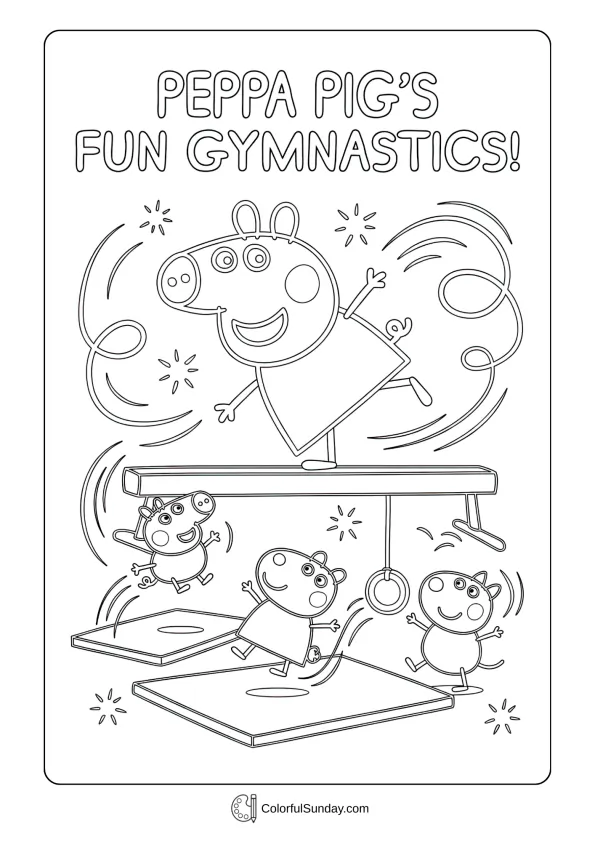 A coloring page of Peppa Pig doing gymnastics exercises and stretches