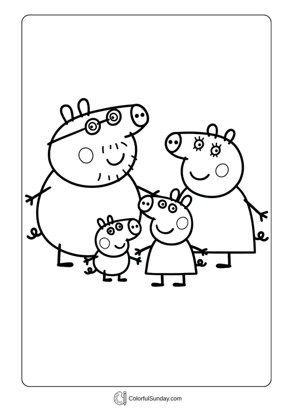 Peppa Pig coloring page showing the family standing together in a happy pose