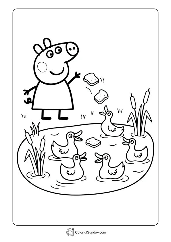 Peppa Pig coloring page showing her feeding ducks at a pond