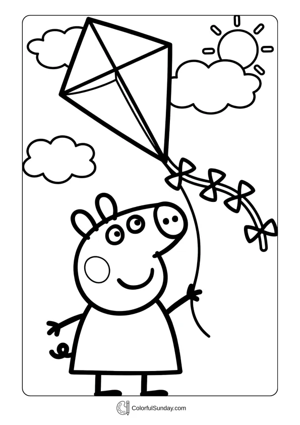A coloring page of Peppa Pig flying a kite in the sky