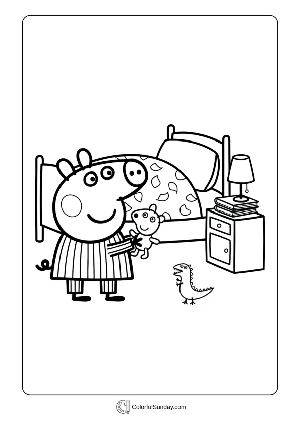 Peppa Pig coloring page showing bedtime routine with pajamas and toys