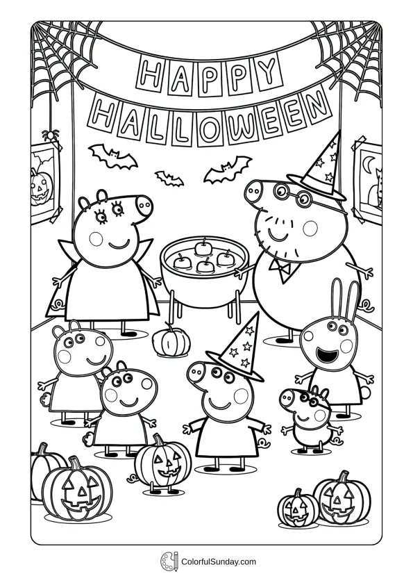 Peppa Pig coloring page featuring a Halloween party with costumes and pumpkins