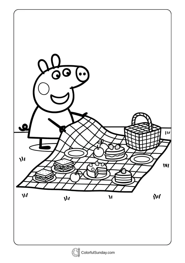 A coloring page of Peppa Pig having a picnic with food and blanket