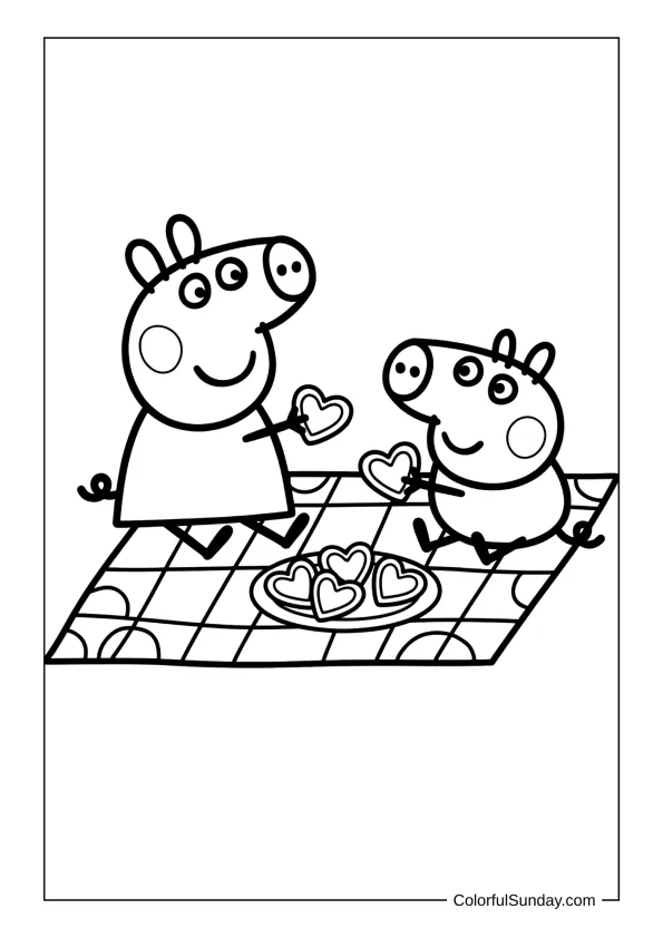Peppa Pig with heart picnic in a coloring page