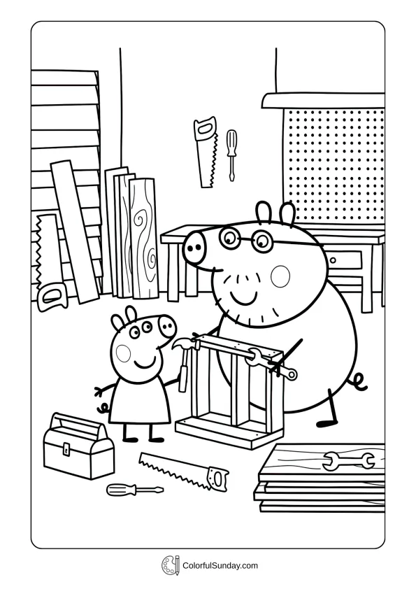 A coloring page of Peppa Pig helping Daddy Pig with work projects