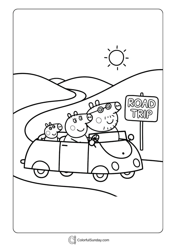 Peppa Pig coloring page showing the family in their car on a trip