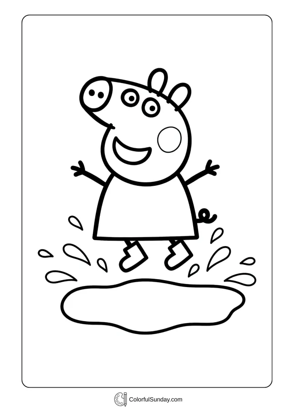A coloring page of Peppa Pig jumping in muddy puddles with splashes all around