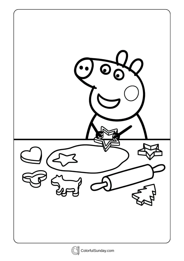 A coloring page of Peppa Pig making cookies with fun cookie cutters