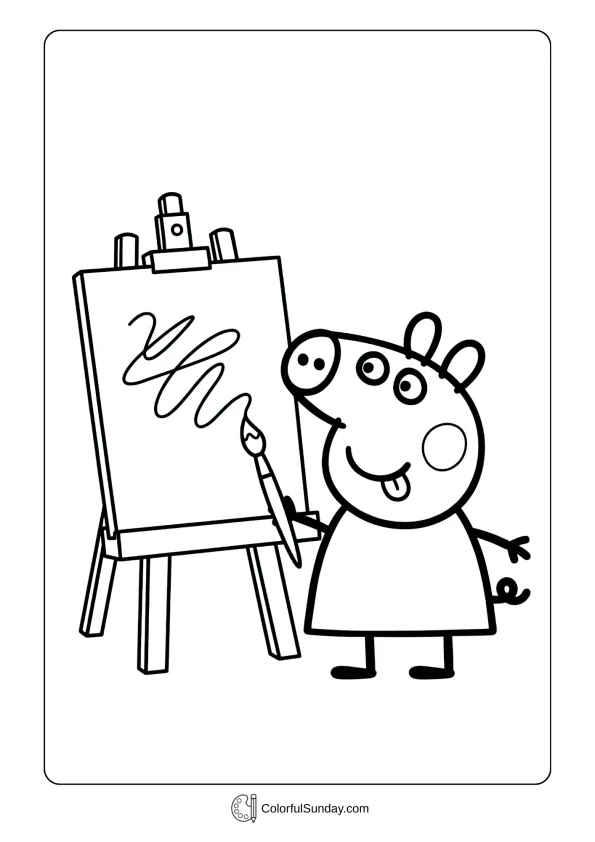 Peppa Pig coloring page showing her painting artwork on an easel
