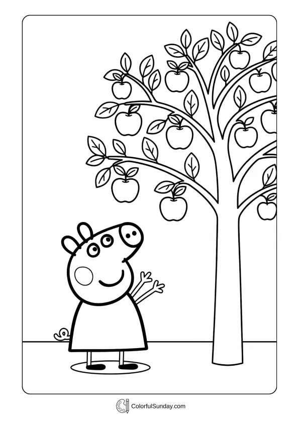 A coloring page of Peppa Pig picking apples from a tree