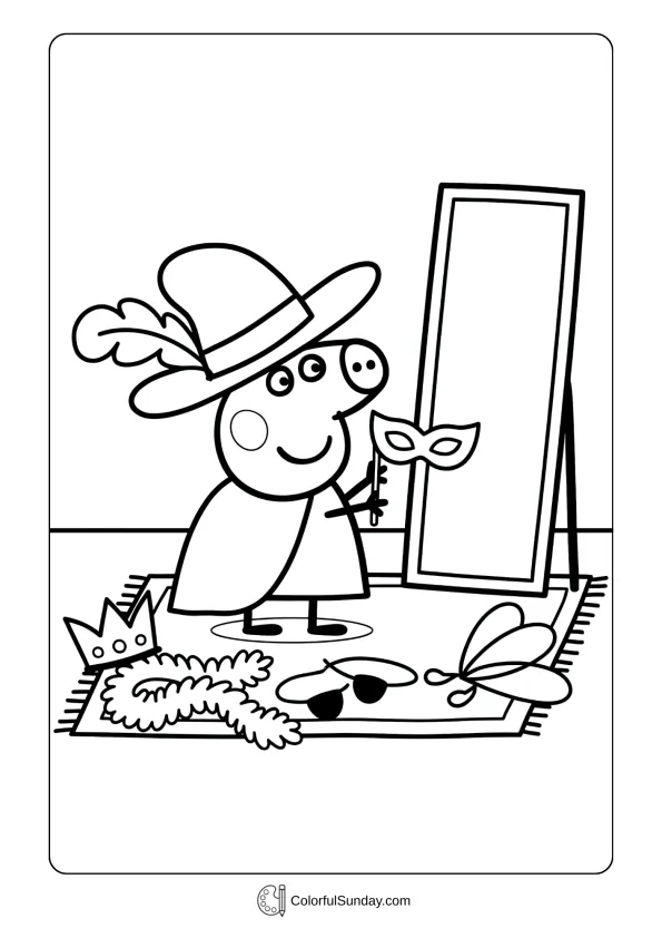 A coloring page of Peppa Pig playing dress up with costumes