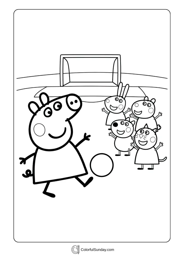 Peppa Pig coloring page featuring football fun with friends cheering around