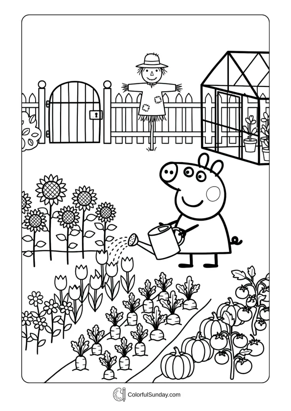 Peppa Pig coloring page showing her watering plants in the garden