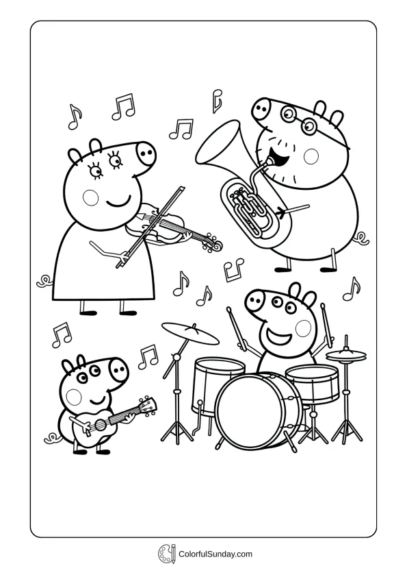 Peppa Pig coloring page showing the family playing musical instruments together
