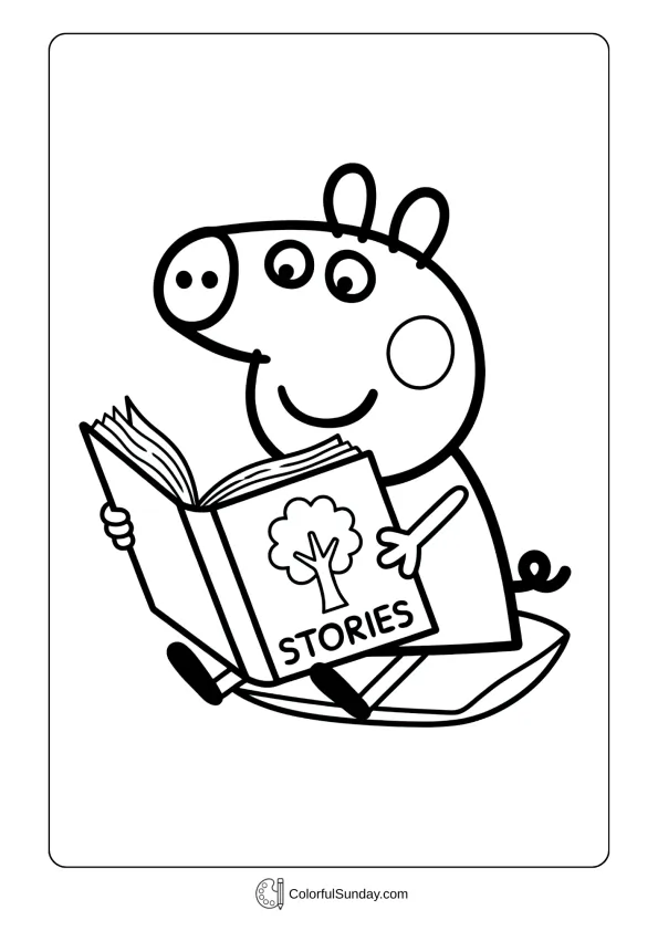 A coloring page of Peppa Pig reading a storybook while sitting comfortably