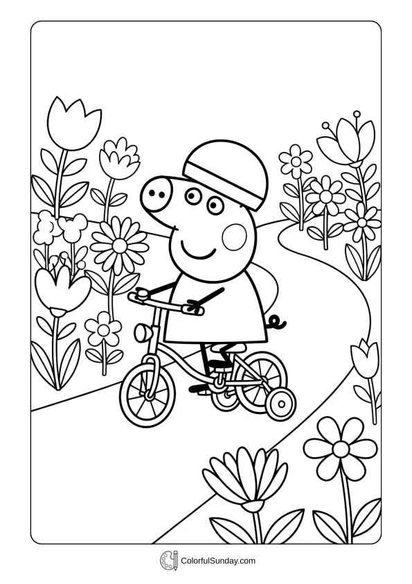 Peppa Pig coloring page showing her riding a bicycle down a flowery path