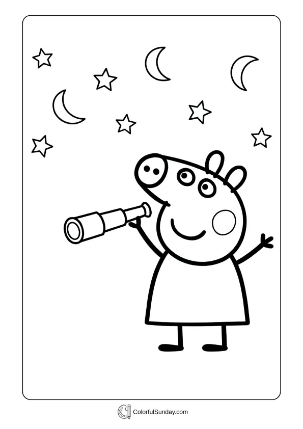 Peppa Pig coloring page showing star gazing with a telescope at night