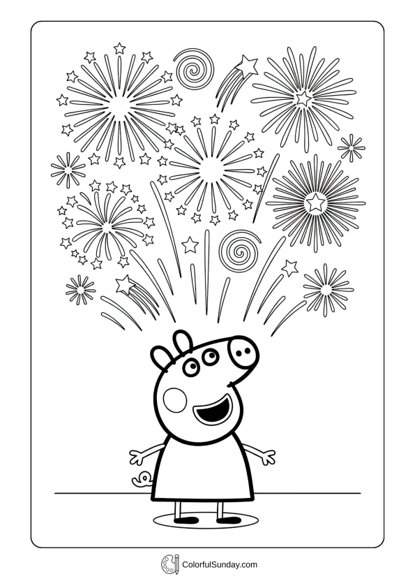 A coloring page of Peppa Pig watching fireworks burst in the night sky