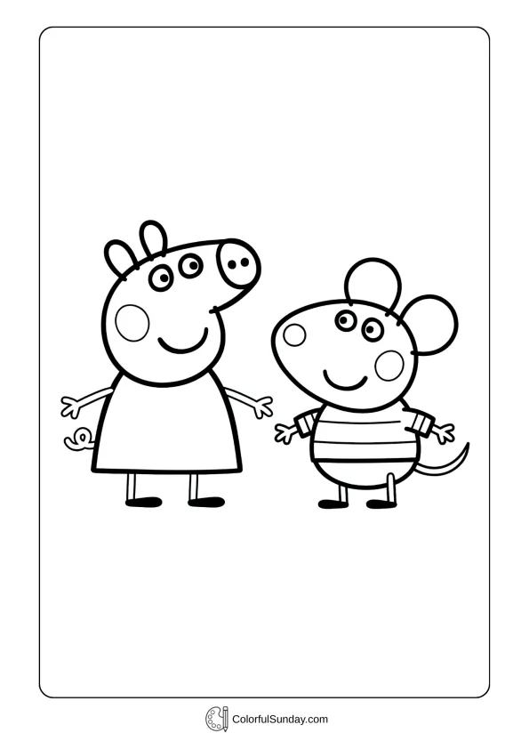 Peppa Pig coloring page showing her standing with Mandy Mouse