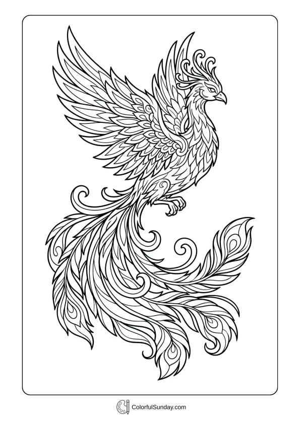 Majestic phoenix with flowing tail feathers for Chinese New Year coloring picture