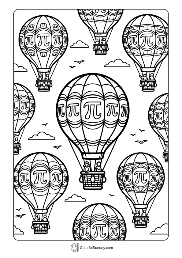 Hot air balloons decorated with pi symbols coloring page floating for Pi Day festival to color