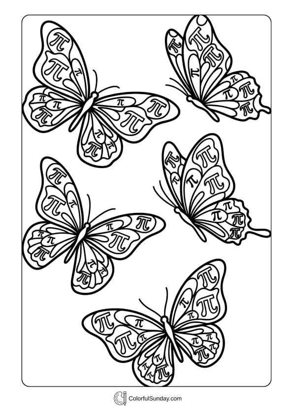 Beautiful butterflies with pi symbols coloring page on wings for Pi Day to color
