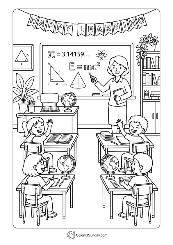 Students and teacher enjoying Pi Day coloring picture activities with pi symbols coloring page
