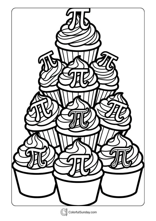 Stack of cupcakes with pi symbols coloring page celebrating sweet Pi Day treats coloring page