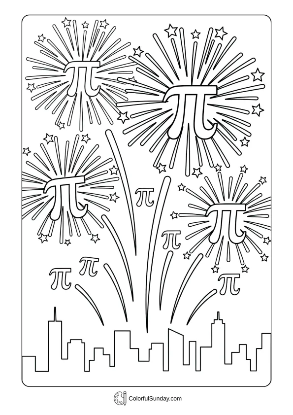 Spectacular fireworks bursting with pi symbols coloring page lighting up Pi Day sky to color