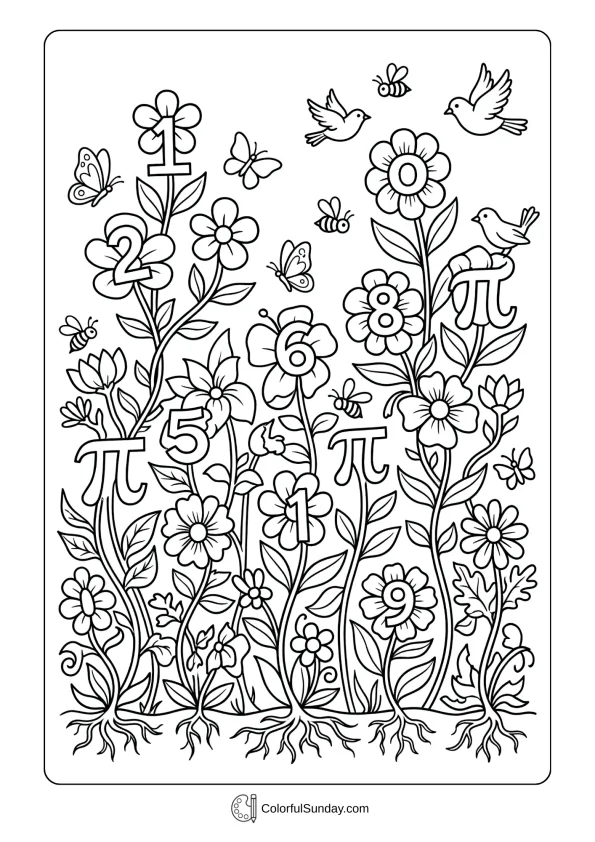 Beautiful garden with number flowers and pi symbols coloring page for Pi Day to color