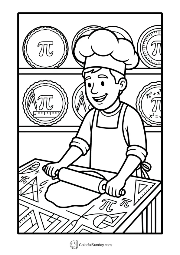Cheerful baker making Pi Day coloring picture pies with pi symbols and decorations coloring page