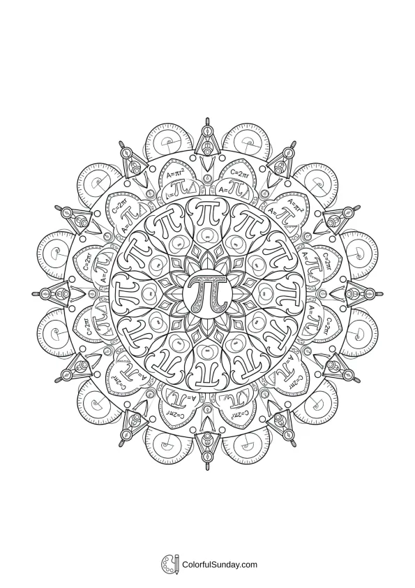 Intricate mandala with pi symbols coloring page and Pi Day mathematical patterns to color