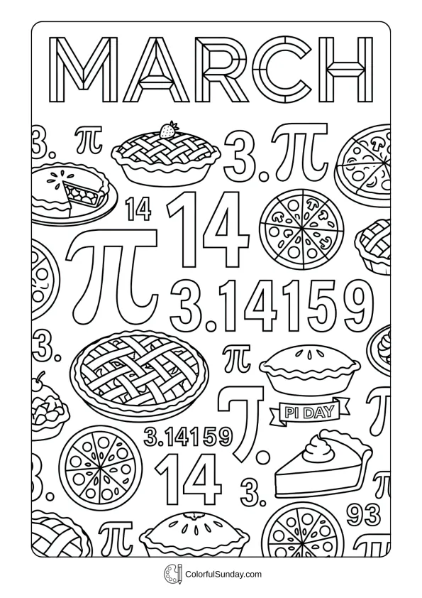 Pi Day March Coloring Picture Pi Day coloring page with mathematical symbols and pies celebrating March fourteenth