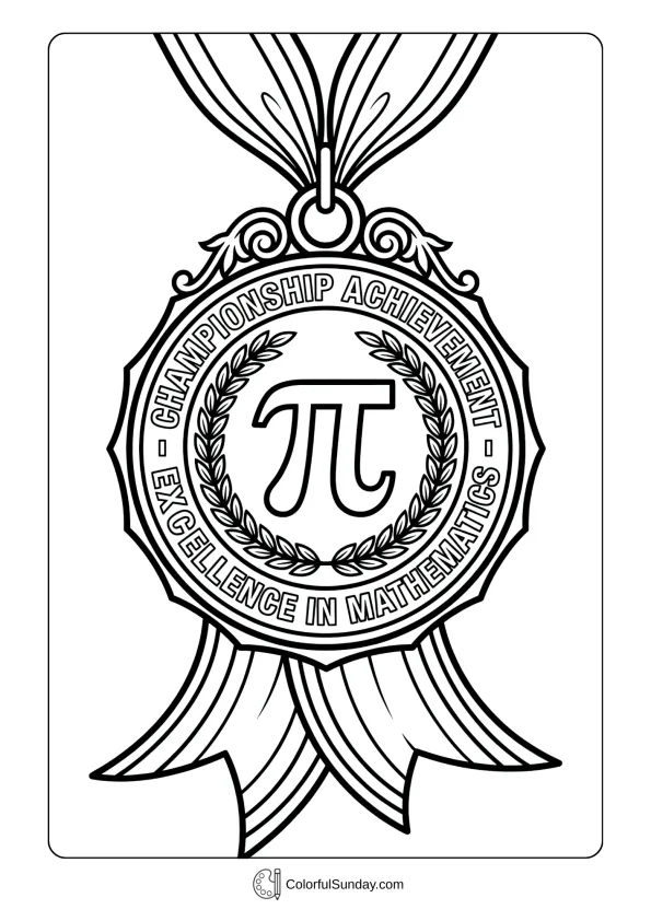Championship medal with pi symbol coloring page honoring Pi Day excellence coloring page