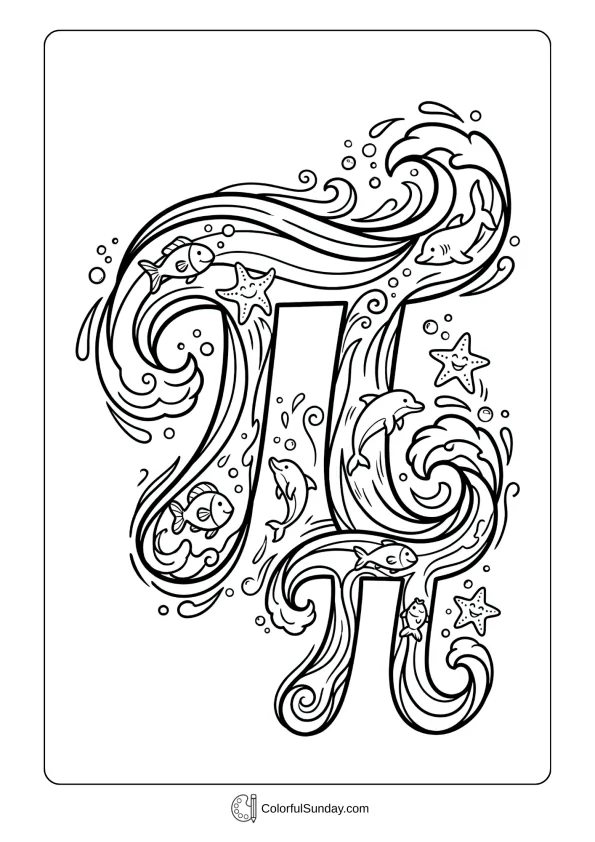 Ocean waves forming pi symbols coloring page with sea creatures for Pi Day to color