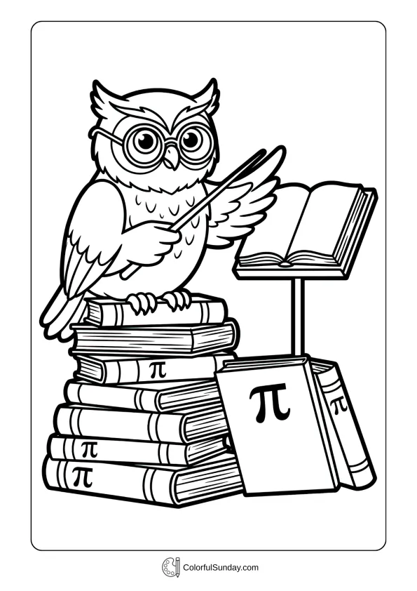 Wise owl perched on books with pi symbols coloring picture teaching Pi Day coloring page